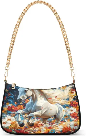 Horse Patting Shoulder Handbags for Women Travel Hobo Tote Handbag Women Gold Chain Shoulder Bags Purse with Zipper Closure