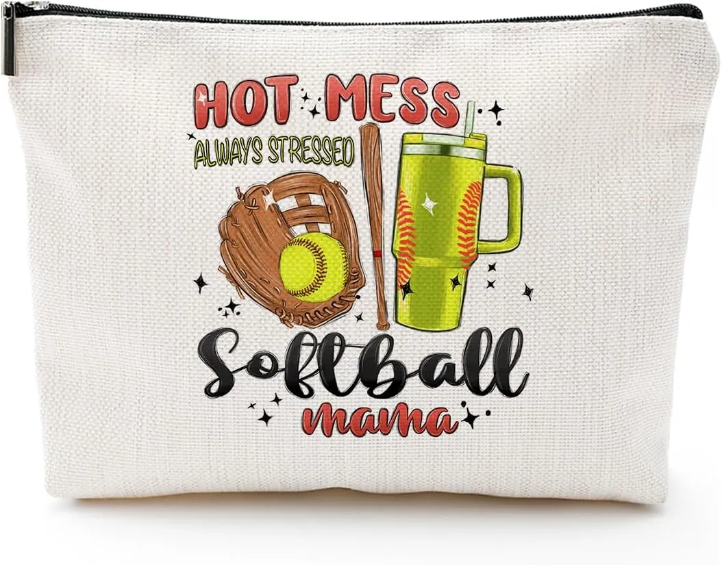 Hot Mess Always Stressed Softball MAMA Canvas Makeup Bag - Softball Accessories for Team Inspirational Gift for Softball Lovers Party Favors Stuff