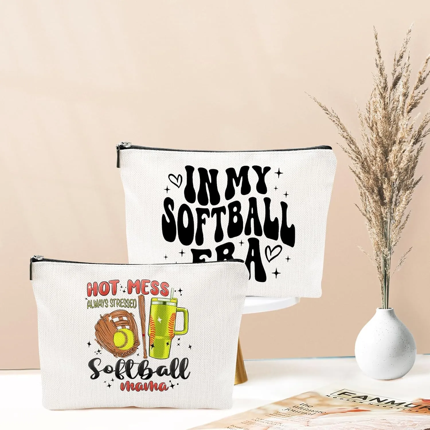 Hot Mess Always Stressed Softball MAMA Canvas Makeup Bag - Softball Accessories for Team Inspirational Gift for Softball Lovers Party Favors Stuff