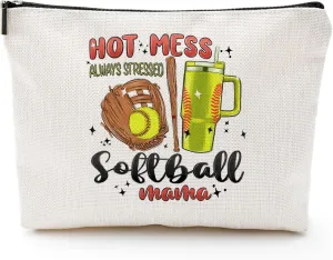 Hot Mess Always Stressed Softball MAMA Canvas Makeup Bag - Softball Accessories for Team Inspirational Gift for Softball Lovers Party Favors Stuff