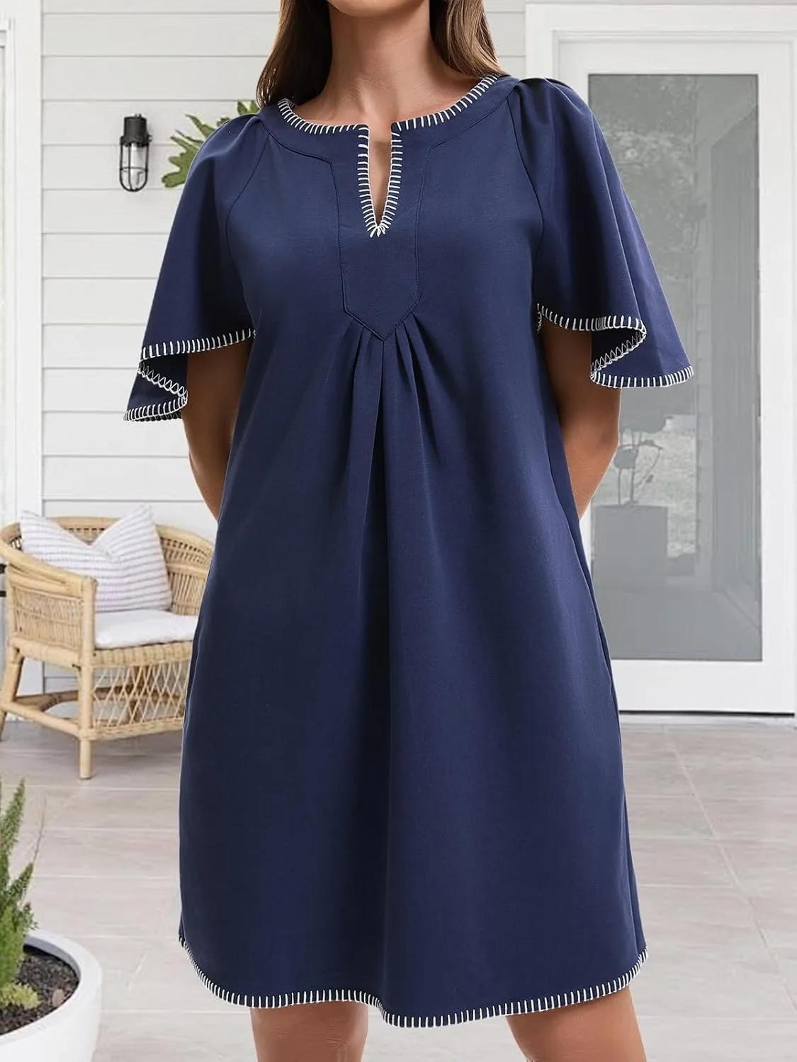 HOULENGS Women's Summer Ruffle Short Sleeve A Line Mini Dress Casual Contrast Trim V Neck Short Dress with Pockets