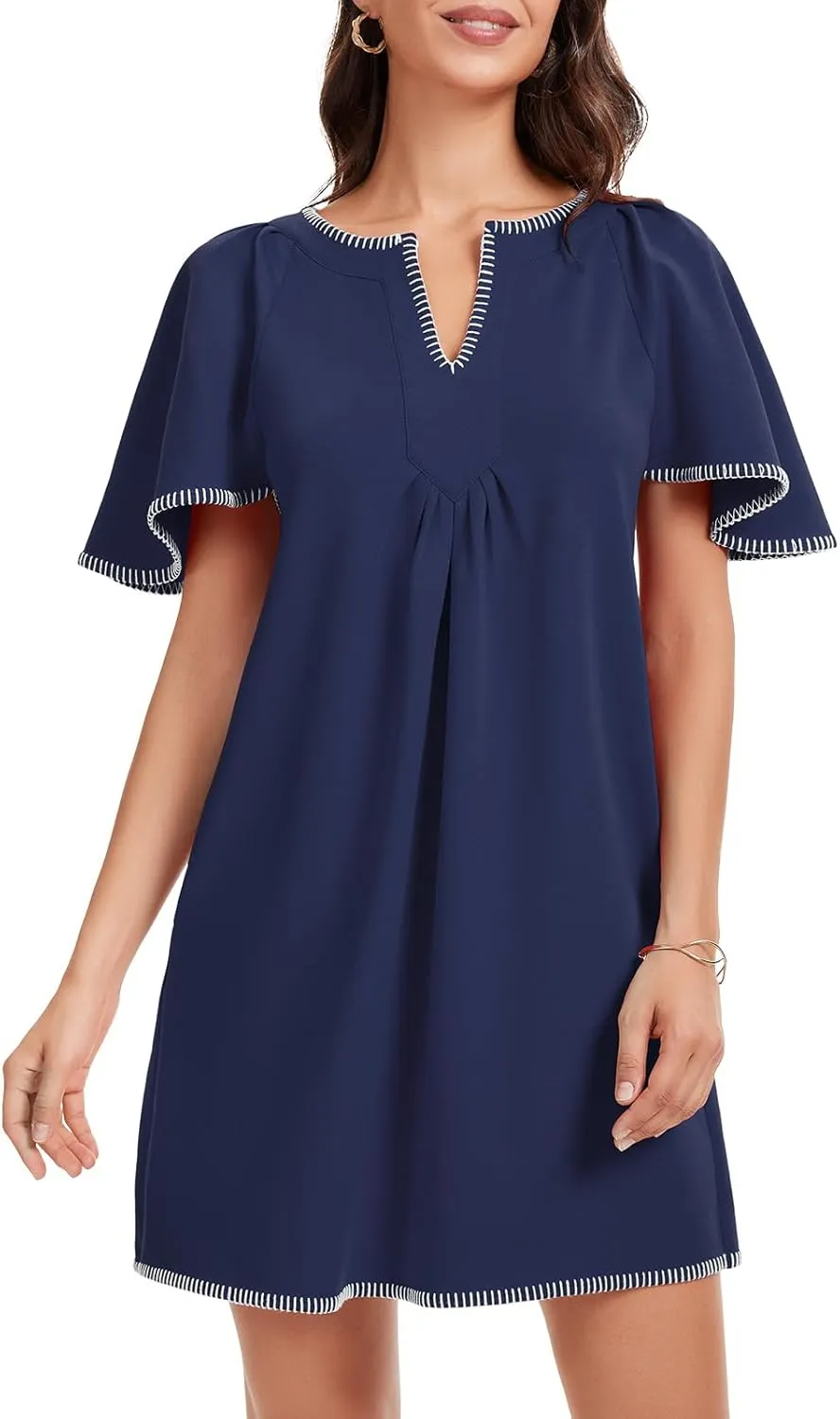 HOULENGS Women's Summer Ruffle Short Sleeve A Line Mini Dress Casual Contrast Trim V Neck Short Dress with Pockets