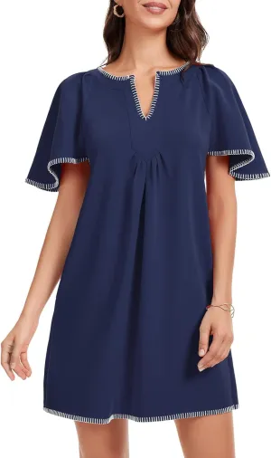 HOULENGS Women's Summer Ruffle Short Sleeve A Line Mini Dress Casual Contrast Trim V Neck Short Dress with Pockets