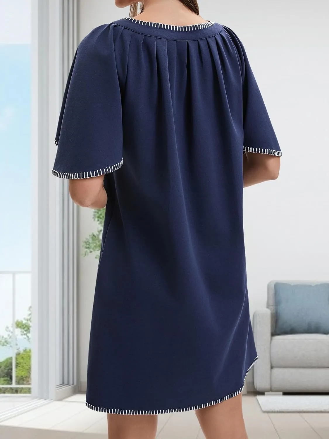 HOULENGS Women's Summer Ruffle Short Sleeve A Line Mini Dress Casual Contrast Trim V Neck Short Dress with Pockets