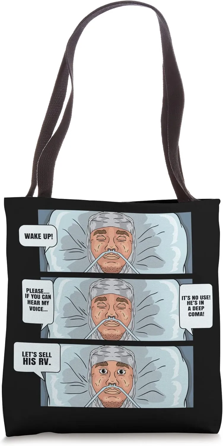 How to wake up a camping guy from Coma, funny comic strip! Tote Bag