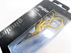 ID: G-ST. New Iconic GINGHER 3-1/2" Stork Embroidery/Sewing Scissors, Gold Plated Handles, Nickel Plated Blades, Precision Points, Includes Fitted Leather Sheath