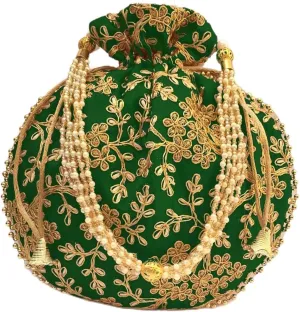 IGH Handmade Women's Velvet Embroidered Potli Purse | Indian Drawstring Bag Green Ethnic Handbag for Weddings & Parties 1 Pcs