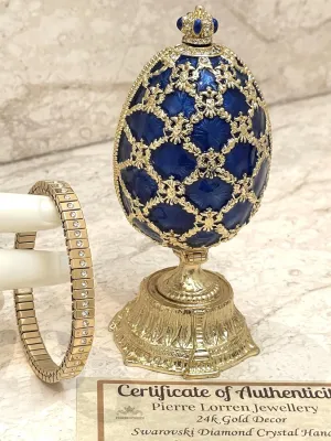 Imperial Russian Egg Trinket Box Jeweled Crown Faberge Egg Style Decorative Fabergé Egg Pure Gold decor & Bracelet for woman Faberge Egg Austrian Crystal Diamond Her Birthday HANDMADE