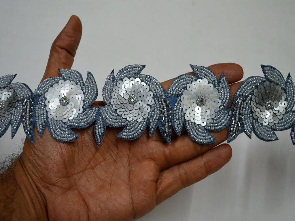 Indian Grey Beaded Lace Trim by the Yard Handmade Wedding Dress Tapes Bridal Belt Sashes Costumes DIY Crafting Sari Border Home Decor