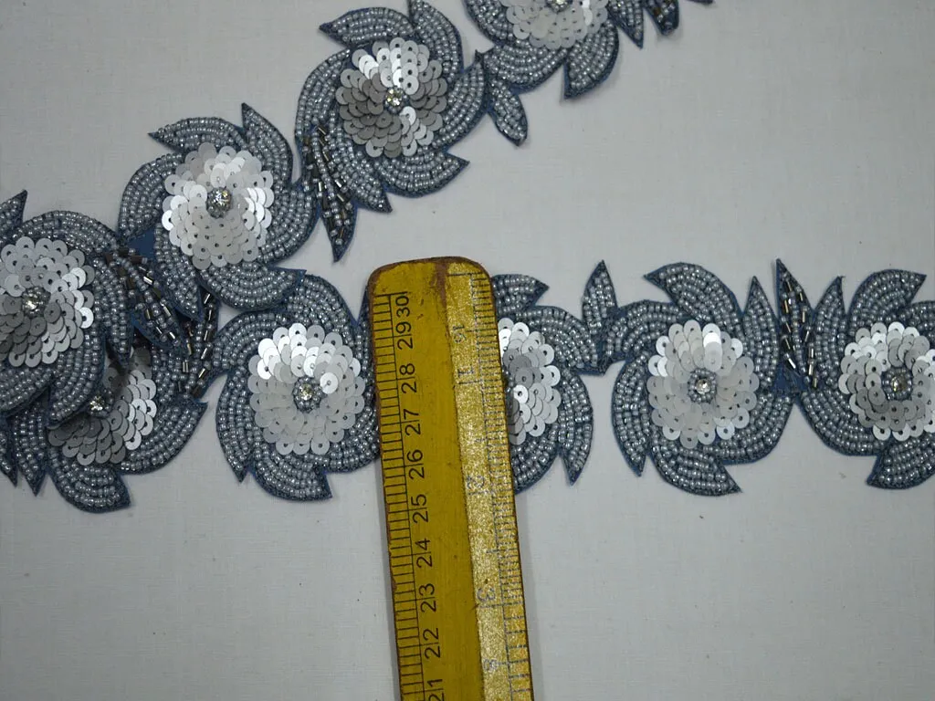 Indian Grey Beaded Lace Trim by the Yard Handmade Wedding Dress Tapes Bridal Belt Sashes Costumes DIY Crafting Sari Border Home Decor