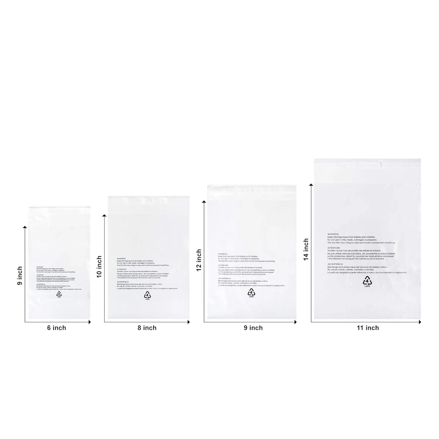 Infinite Pack 400 CT Combo6x9,8x10,9x12,11x14 inches Self Sealing Clear Poly Bags w/Suffocation Warning, Strong Adhesive, Not Resealable, FBA compliant