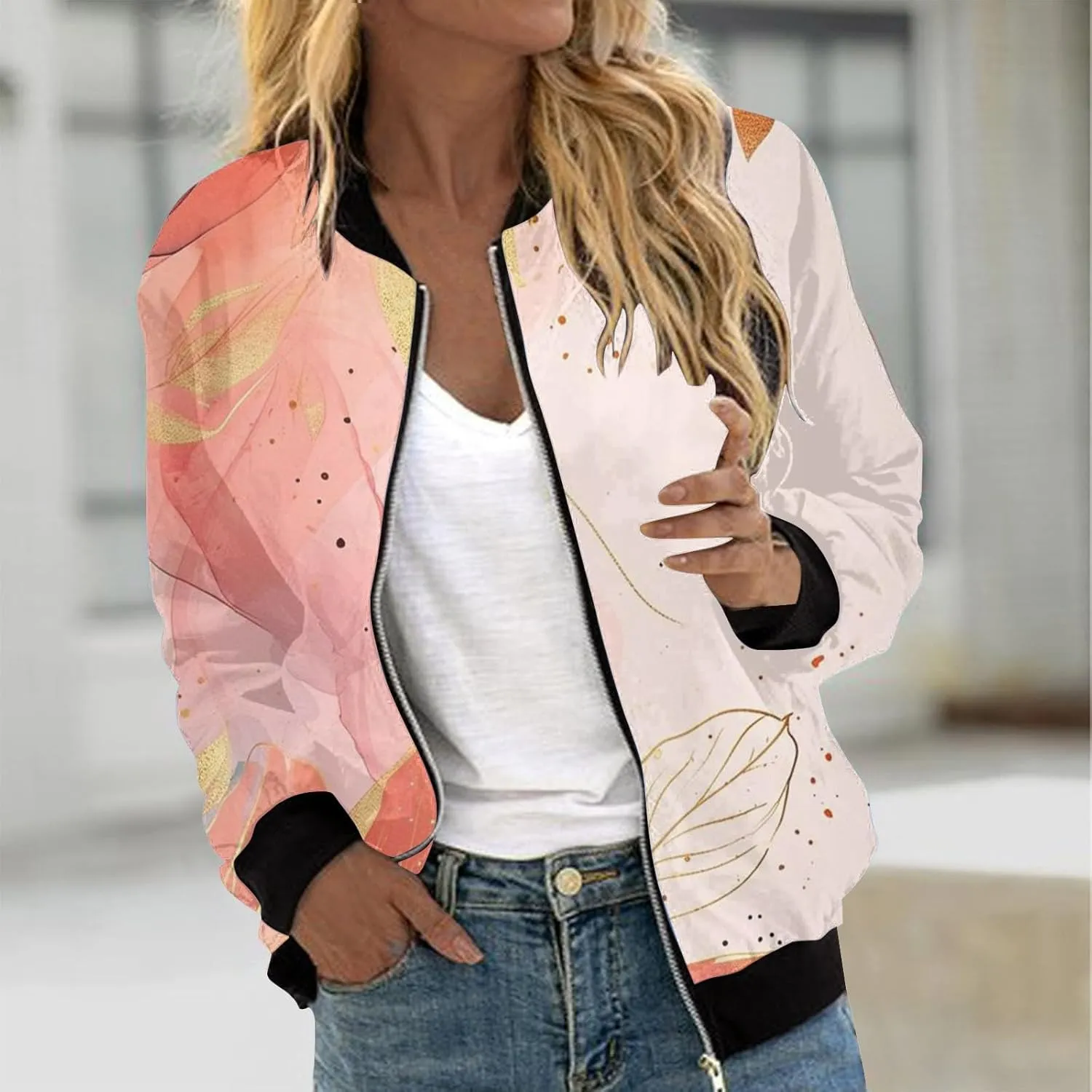 Jacket for Women Trendy Square Thin Pocket Jacket Blouse Coat Baseball Top Women's Casual Floral Bomber Jacket Coat