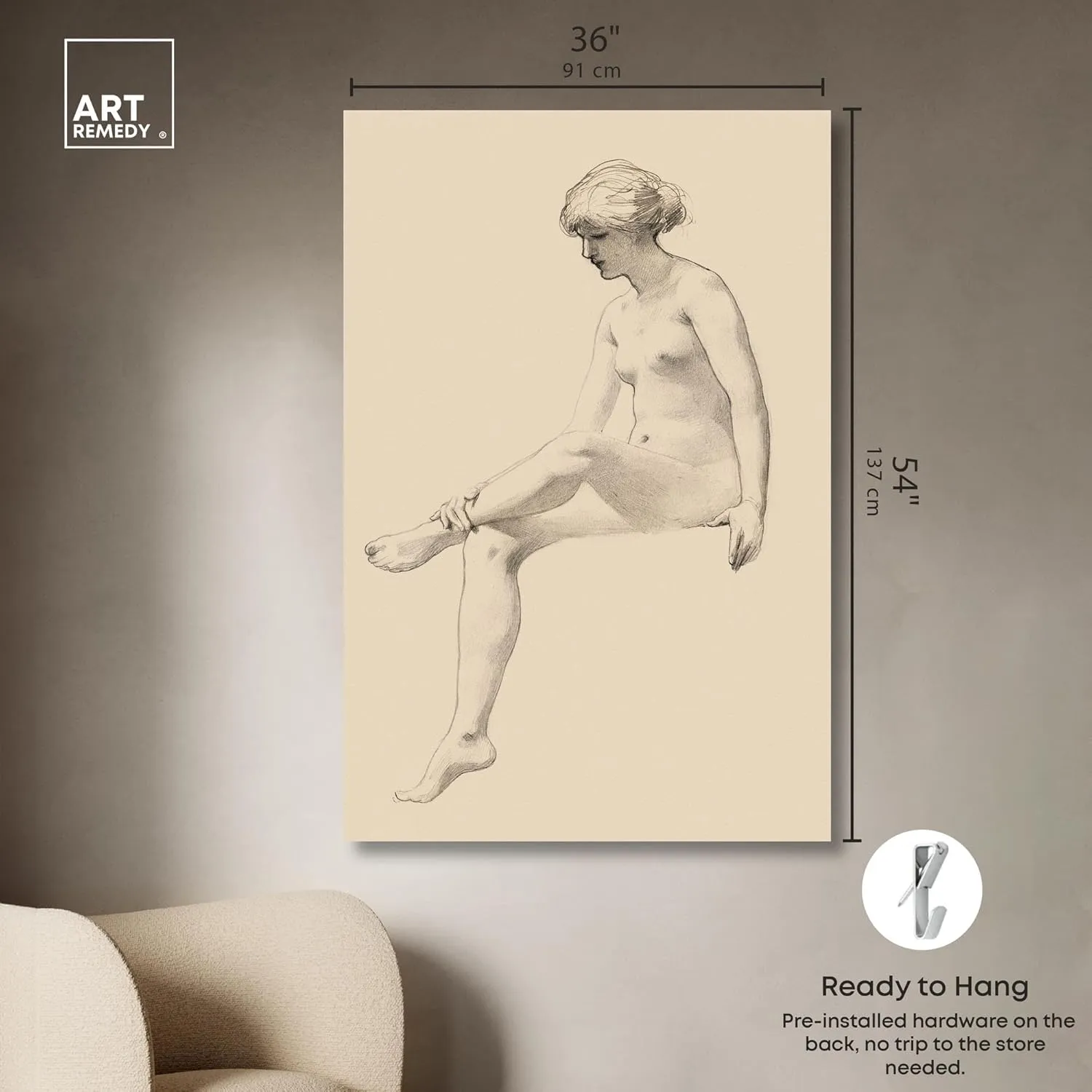 James Wells Champney - Seated Female Nude Canvas Nude Portrait Wall Art, Gallery Wrapped, 36" x 54"