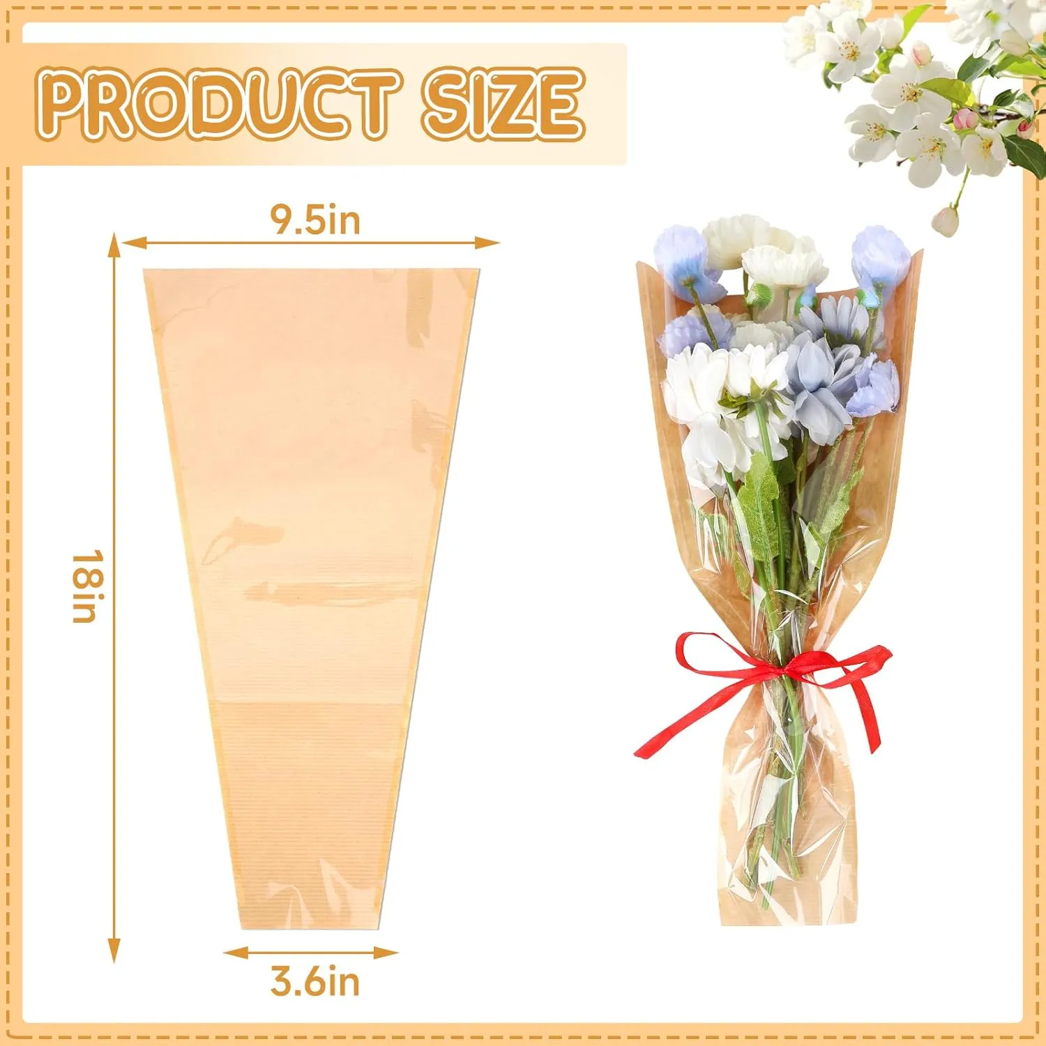 Jansun 40Pcs Flower Wrapping Bags Kraft Paper Flower Sleeves for Bouquets Flower Bags for Birthday Wedding Graduation Gift, Florist Wrap Supplies 9.8x17.9 Inch