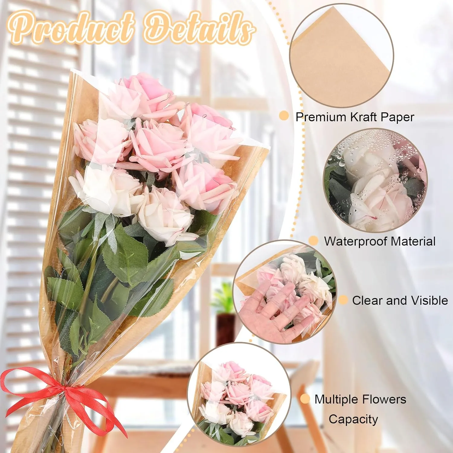 Jansun 40Pcs Flower Wrapping Bags Kraft Paper Flower Sleeves for Bouquets Flower Bags for Birthday Wedding Graduation Gift, Florist Wrap Supplies 9.8x17.9 Inch