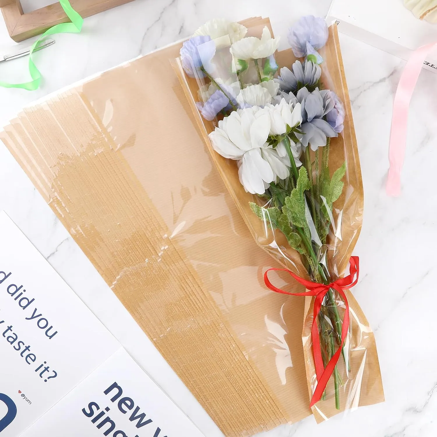 Jansun 40Pcs Flower Wrapping Bags Kraft Paper Flower Sleeves for Bouquets Flower Bags for Birthday Wedding Graduation Gift, Florist Wrap Supplies 9.8x17.9 Inch