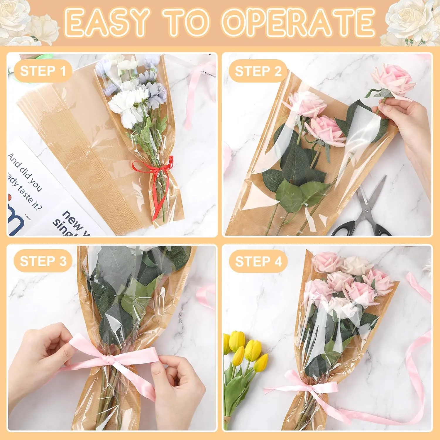 Jansun 40Pcs Flower Wrapping Bags Kraft Paper Flower Sleeves for Bouquets Flower Bags for Birthday Wedding Graduation Gift, Florist Wrap Supplies 9.8x17.9 Inch
