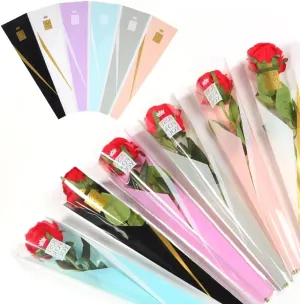 Jaoruizer 300Pcs Single Rose Sleeve, 6 Colors Clear Single Flower Sleeves Plastic Rose Wrapping Packaging Bags