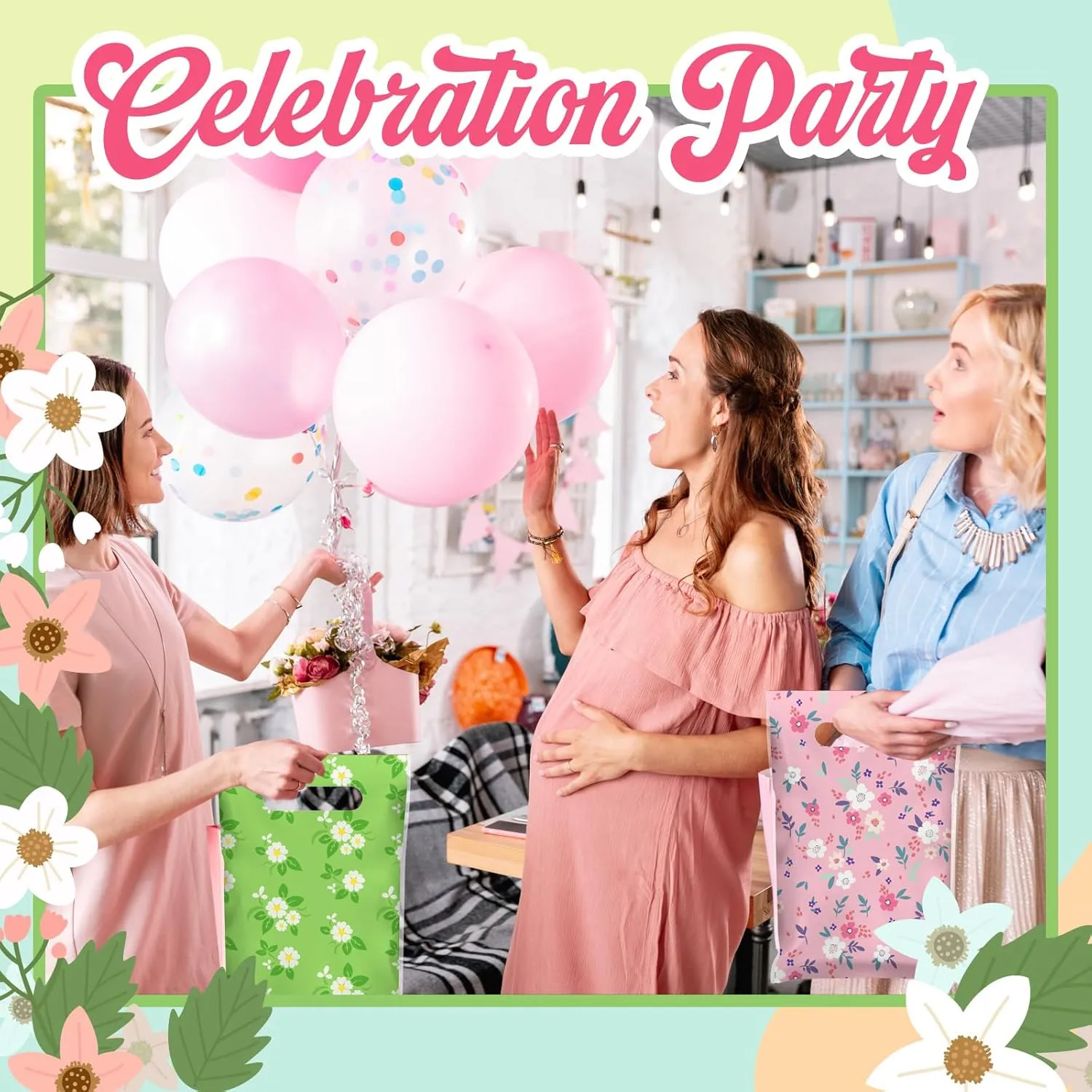 Jetec 100 Pieces Plastic Gift Bulk Flower Treat Floral Goodie Bags with Handle Spring Merchandise Bags for Spring Mother's Day Party Favor Supplies