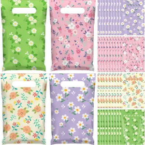 Jetec 100 Pieces Plastic Gift Bulk Flower Treat Floral Goodie Bags with Handle Spring Merchandise Bags for Spring Mother's Day Party Favor Supplies