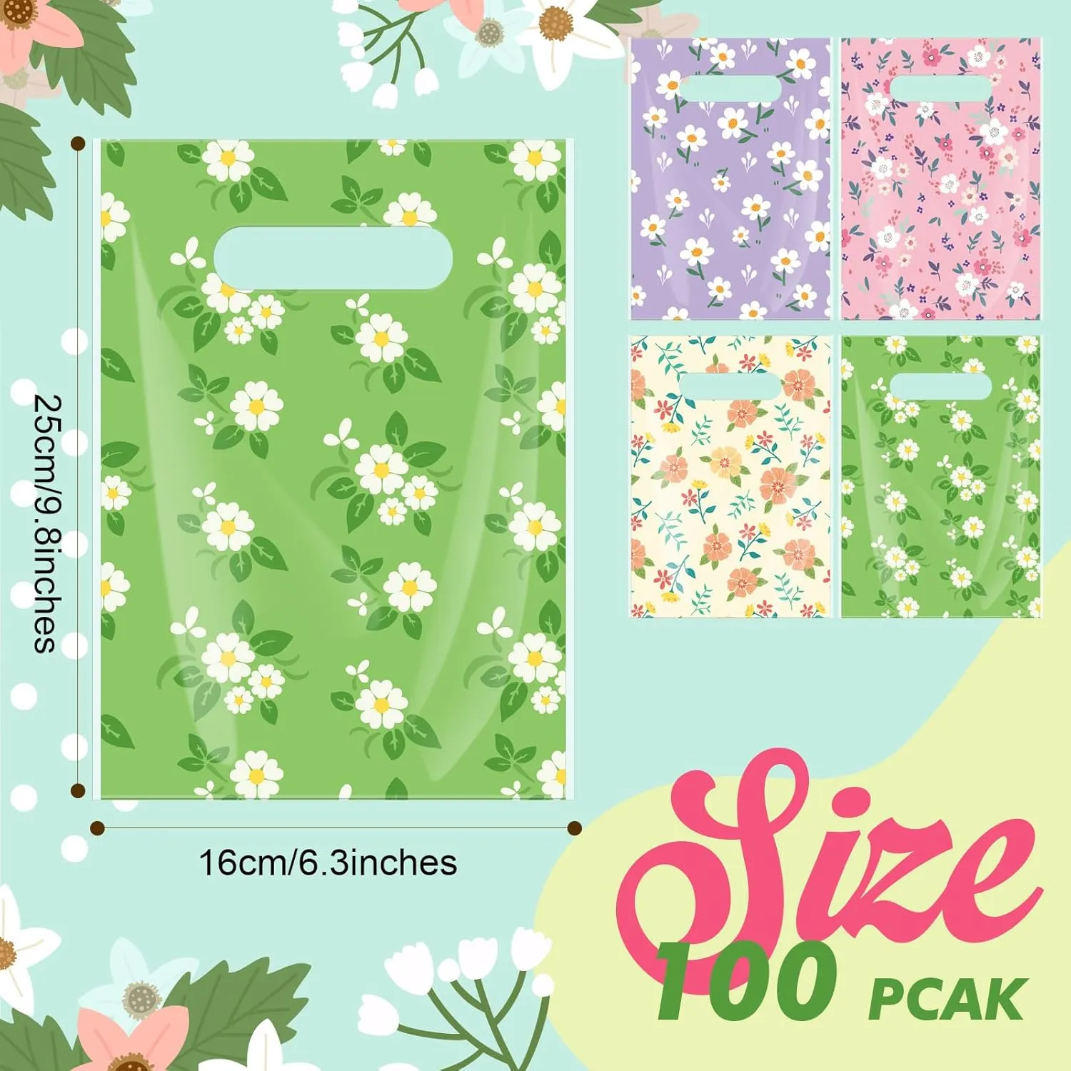 Jetec 100 Pieces Plastic Gift Bulk Flower Treat Floral Goodie Bags with Handle Spring Merchandise Bags for Spring Mother's Day Party Favor Supplies