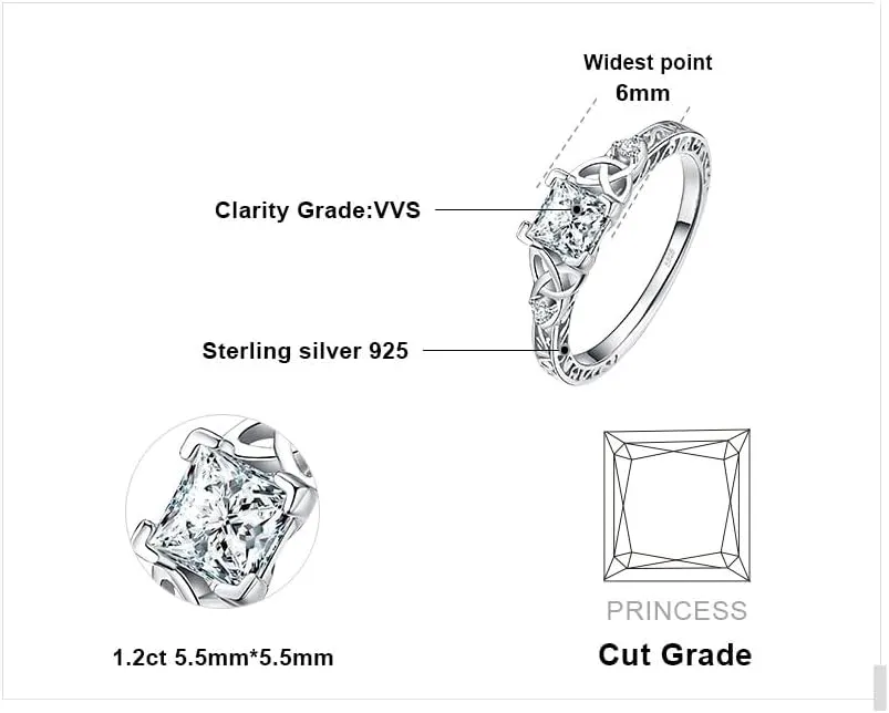 JewelryPalace Vintage Celtic Knot Princess Cut 1.2ct Cubic Zirconia Solitaire Engagement Rings for Women