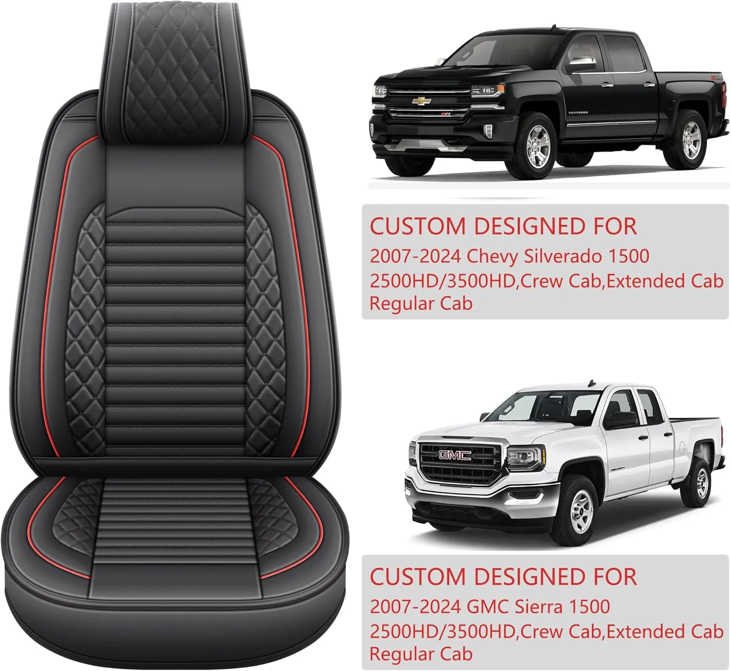 JOJOBAY Chevy Silverado Seat Covers,GMC Sierra Seat Covers,Custom Fit 2007-2024 1500 2500HD 3500HD Crew Double Extended Regular Cab,LT LZT RST(Rear Seat Covers,Black Red)