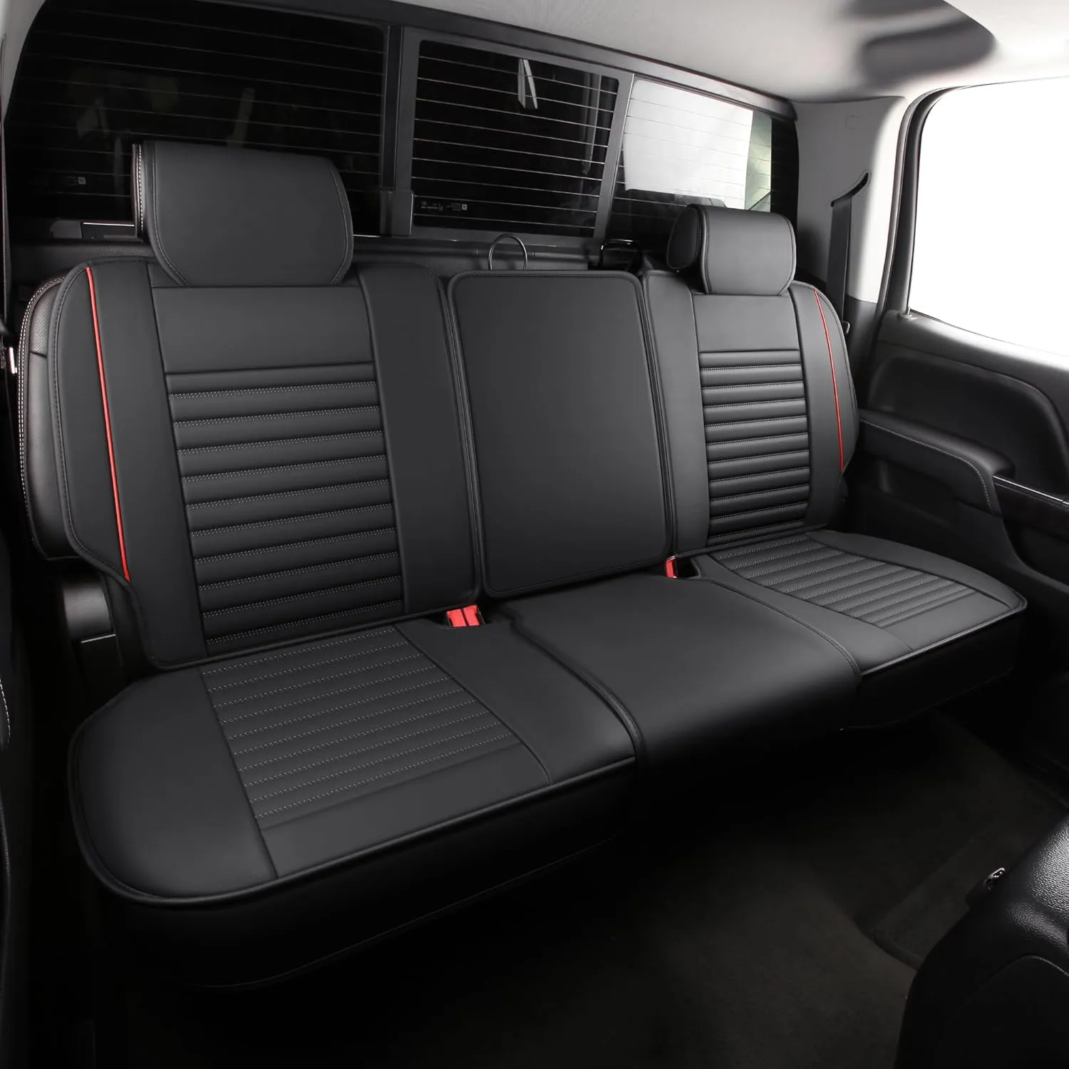 JOJOBAY Chevy Silverado Seat Covers,GMC Sierra Seat Covers,Custom Fit 2007-2024 1500 2500HD 3500HD Crew Double Extended Regular Cab,LT LZT RST(Rear Seat Covers,Black Red)