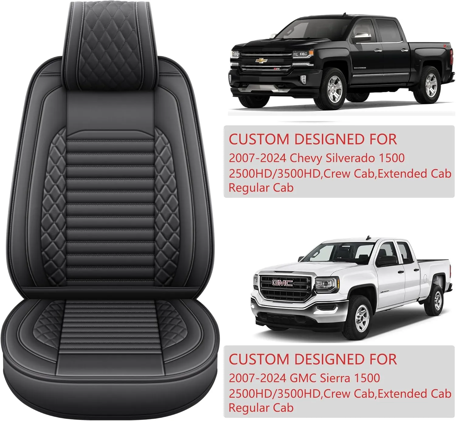 JOJOBAY Chevy Silverado Seat Covers,GMC Sierra Seat Covers,Custom Fit 2007-2025 1500 2500HD 3500HD Crew Double Extended Regular Cab,LT LZT RST Trail Boss(Full Set,Black)