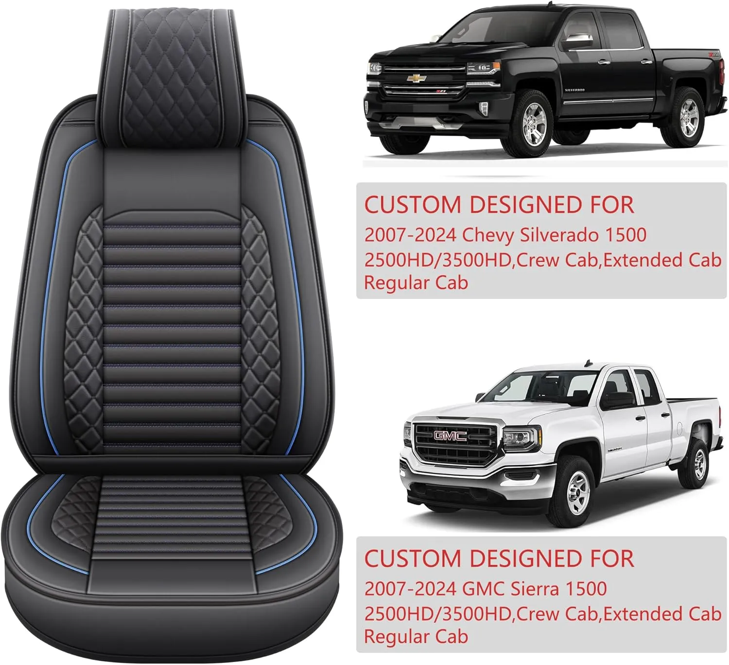 JOJOBAY Chevy Silverado Seat Covers,GMC Sierra Seat Covers,Custom Fit 2007-2025 1500 2500HD 3500HD Crew Double Extended Regular Cab,LT LZT RST(Full Set,Black Blue)