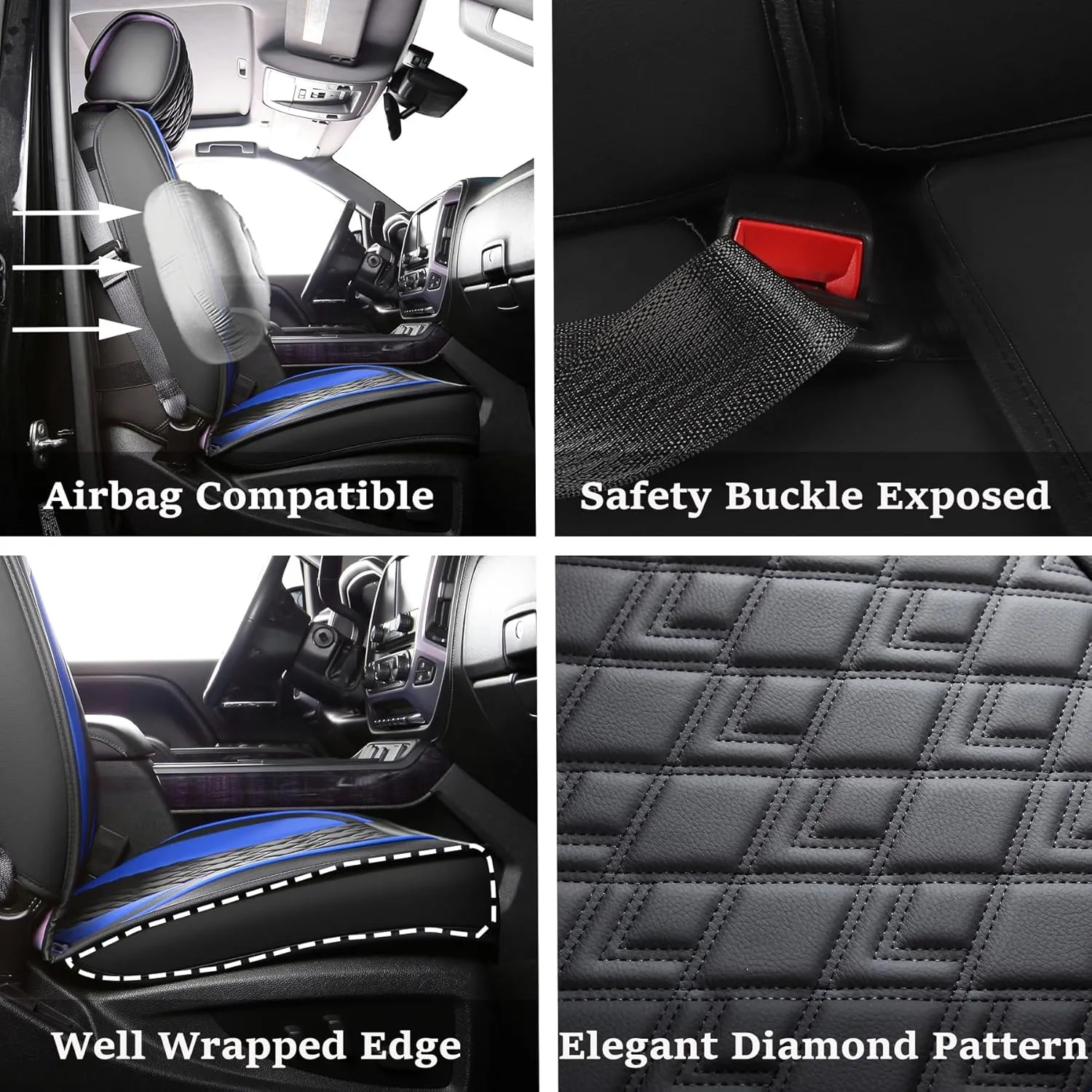 JOJOBAY Chevy Silverado Seat Covers,Leather Seat Covers for GMC Sierra,Custom Fit 2007-2026 1500 2500HD 3500HD Crew Double Extended Regular Cab,LT LZT RST Trail Boss(Front Pair,Black Blue)