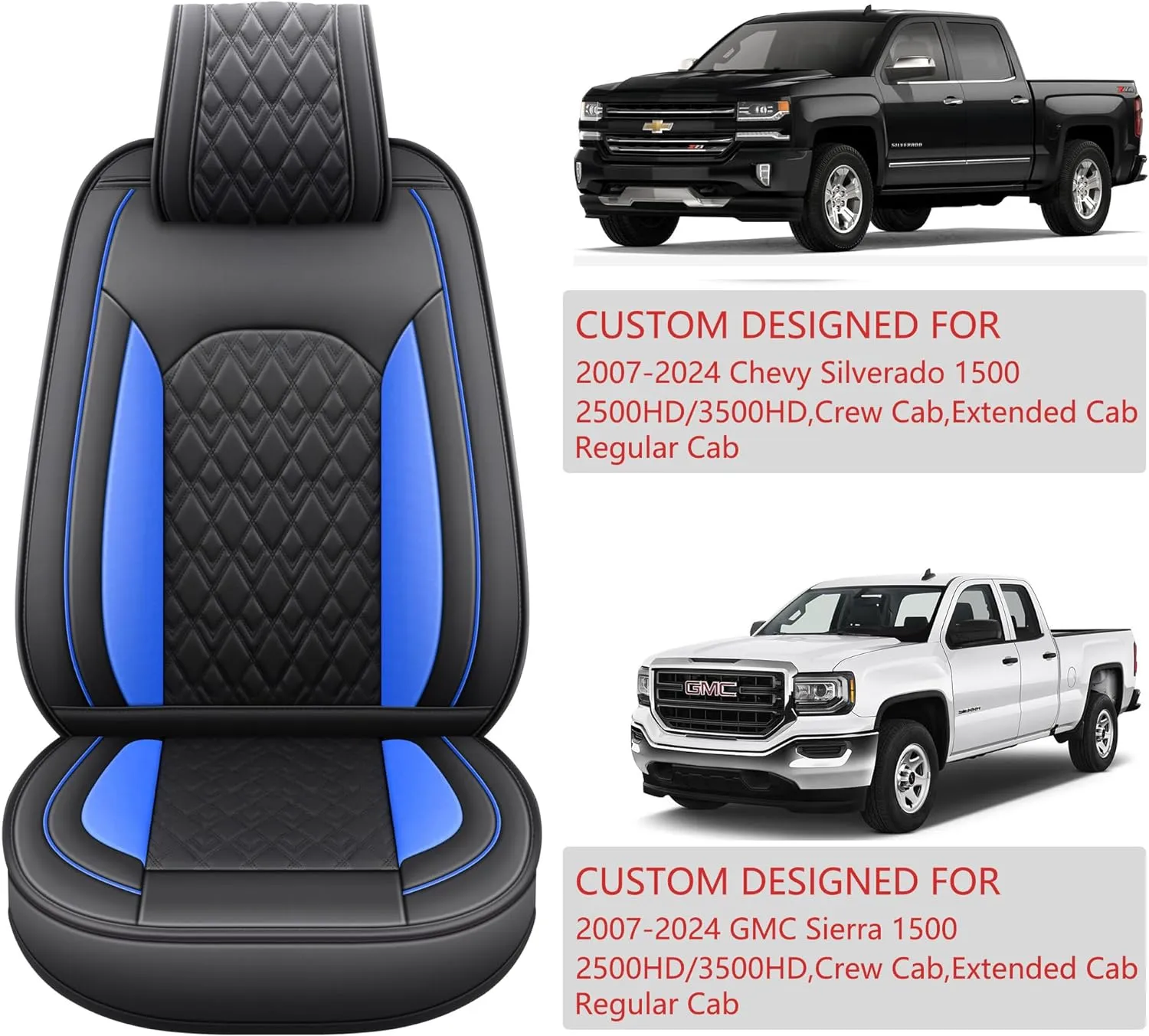 JOJOBAY Chevy Silverado Seat Covers,Leather Seat Covers for GMC Sierra,Custom Fit 2007-2026 1500 2500HD 3500HD Crew Double Extended Regular Cab,LT LZT RST Trail Boss(Front Pair,Black Blue)