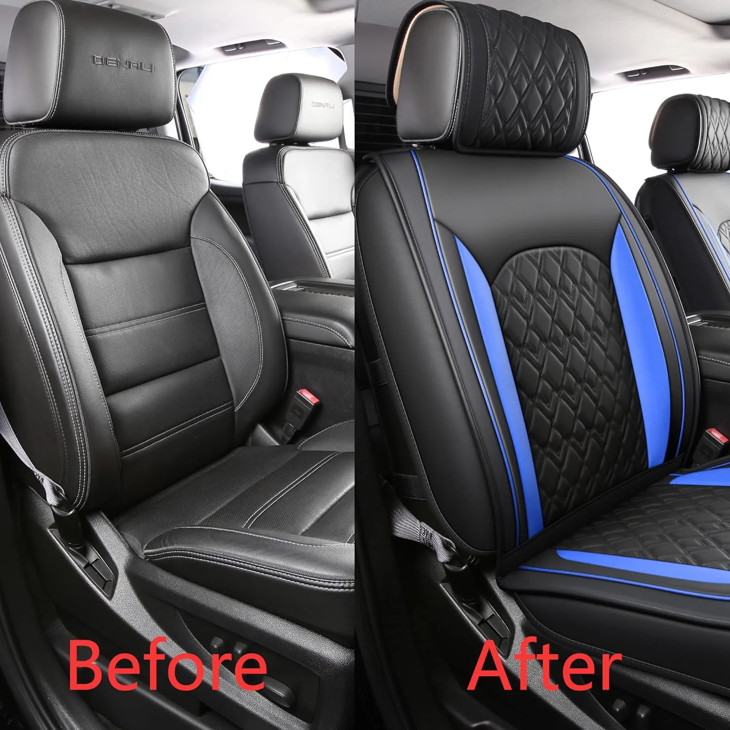 JOJOBAY Chevy Silverado Seat Covers,Leather Seat Covers for GMC Sierra,Custom Fit 2007-2026 1500 2500HD 3500HD Crew Double Extended Regular Cab,LT LZT RST Trail Boss(Front Pair,Black Blue)