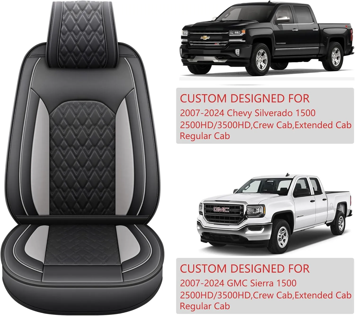 JOJOBAY Chevy Silverado Seat Covers,Leather Seat Covers for GMC Sierra,Custom Fit 2007-2026 1500 2500HD 3500HD Crew Double Extended Regular Cab,LT LZT RST Trail Boss(Front Pair,Black Grey)