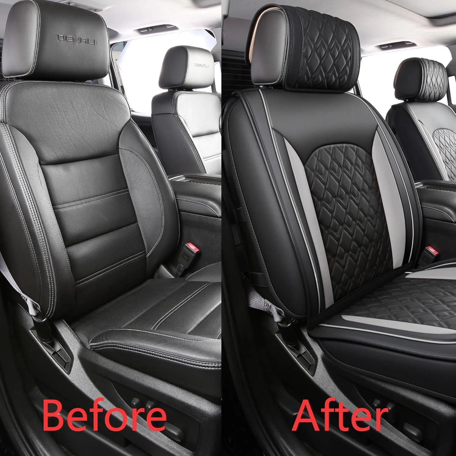 JOJOBAY Chevy Silverado Seat Covers,Leather Seat Covers for GMC Sierra,Custom Fit 2007-2026 1500 2500HD 3500HD Crew Double Extended Regular Cab,LT LZT RST Trail Boss(Front Pair,Black Grey)