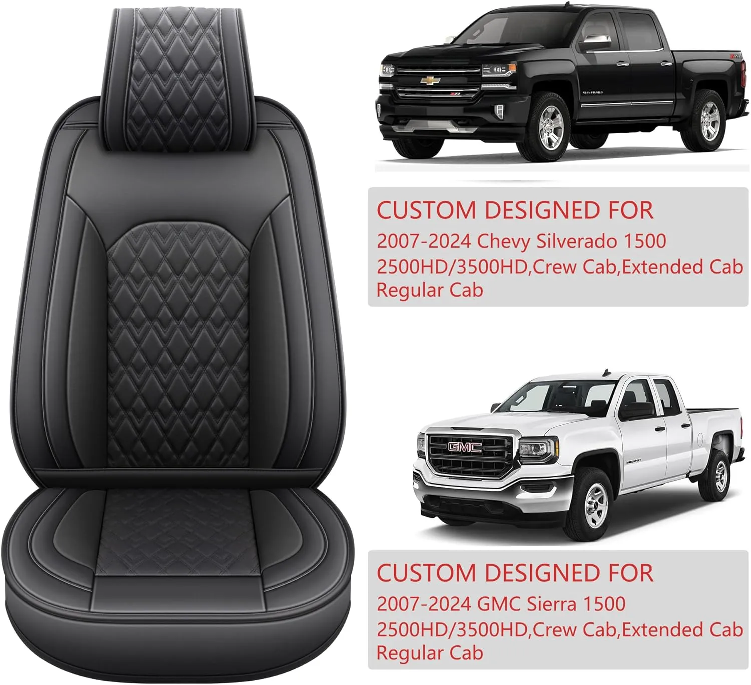 JOJOBAY Chevy Silverado Seat Covers,Leather Seat Covers for GMC Sierra,Custom Fit 2007-2026 1500 2500HD 3500HD Crew Double Extended Regular Cab,LT LZT RST Trail Boss(Front Pair,Black)