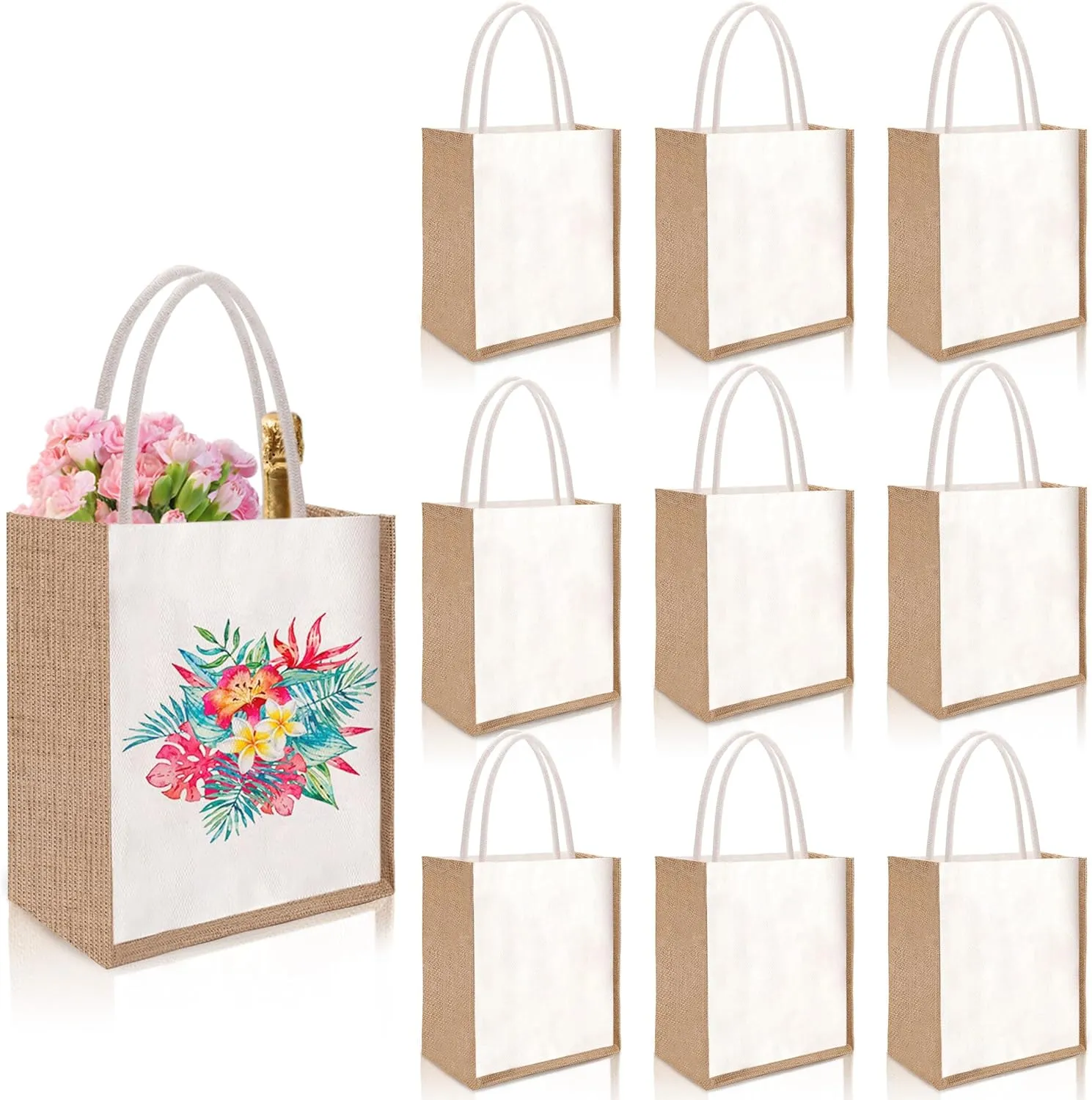 Joyclub 10 Pack Burlap Tote Bags Bulk Sublimation Blanks Reusable Canvas Grocery Jute Tote Bags with Handles for Beach Wedding Party Travel Shopping Bridesmaid Gifts DIY