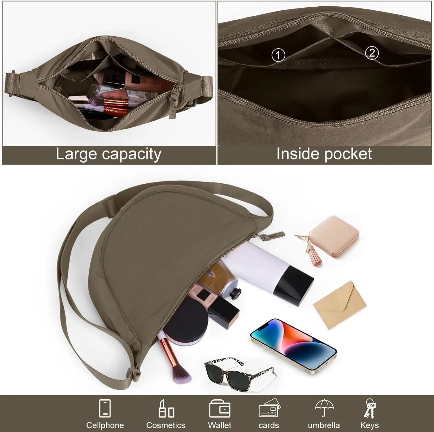 JQWSVE Nylon Crescent Bag for Women Men Crossbody Bag Hobo Sling Crescent Shoulder Bag Purse Casual Solid Color Dumpling Bag