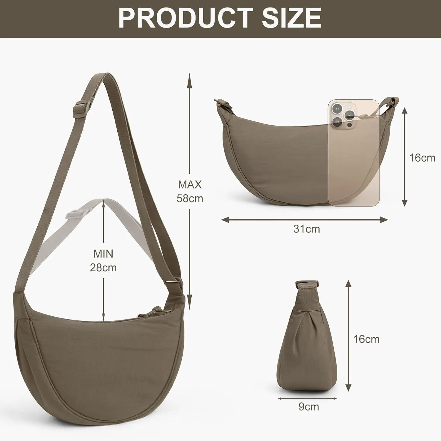 JQWSVE Nylon Crescent Bag for Women Men Crossbody Bag Hobo Sling Crescent Shoulder Bag Purse Casual Solid Color Dumpling Bag
