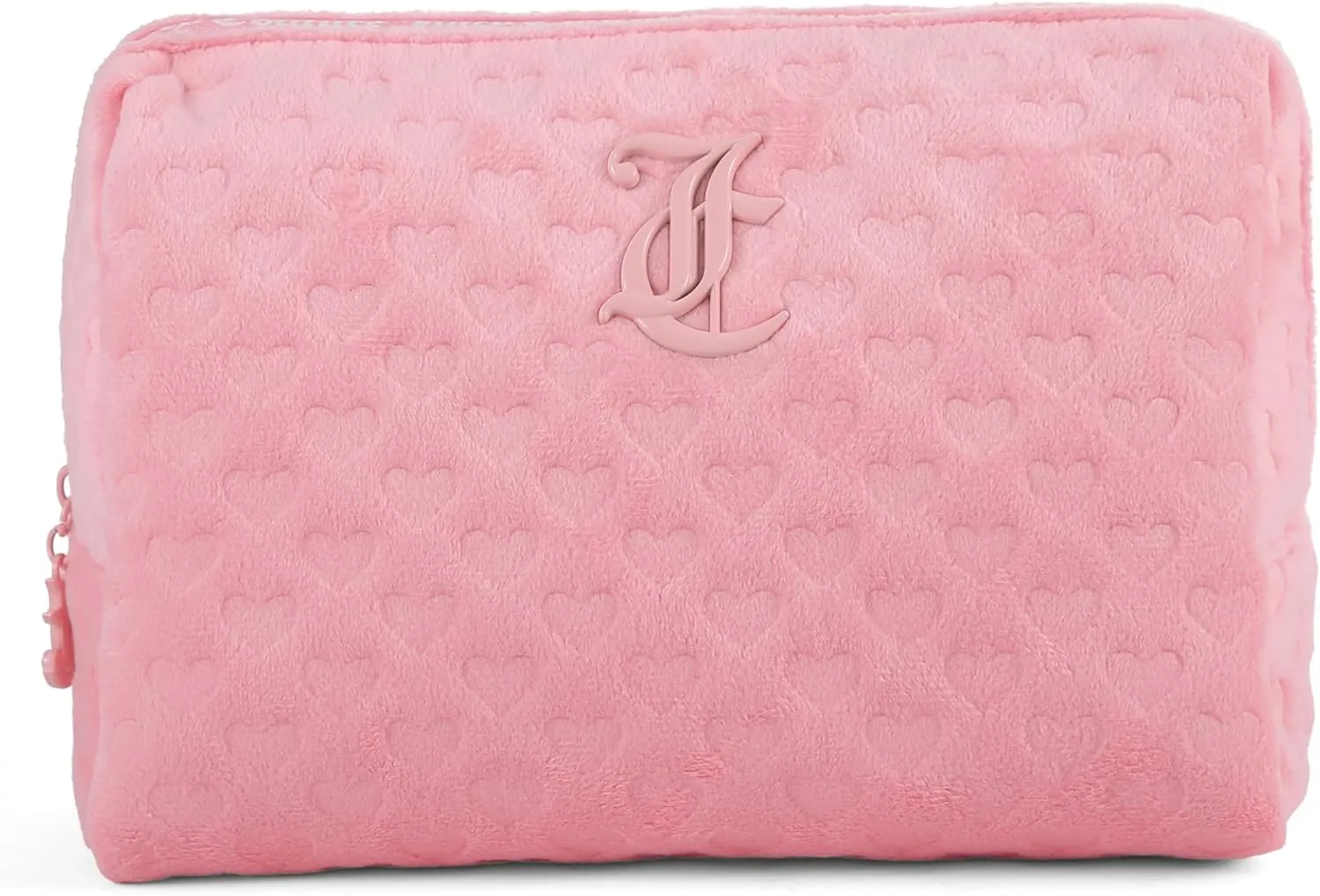 Juicy Couture Women's Cosmetics Bag - Travel Makeup and Toiletries Clutch Wedge Pouch, Pink Pressed Heart Terry