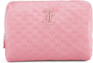 Juicy Couture Women's Cosmetics Bag - Travel Makeup and Toiletries Clutch Wedge Pouch, Pink Pressed Heart Terry