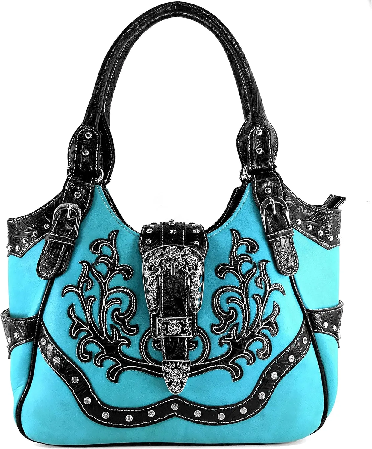 Justin West American Albino Floral Embroidery Buckle Shoulder Concealed Carry Handbag Purse