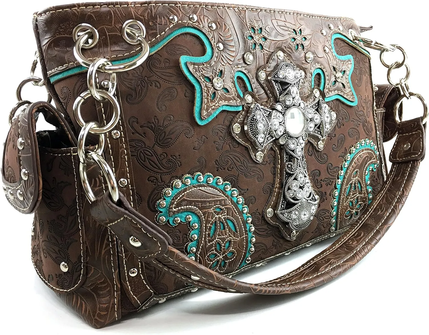 Justin West Paisley Embroidery Floral Tooled Leather Rhinestone Cross Shoulder Concealed Carry Handbag Purse