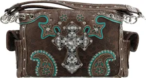 Justin West Paisley Embroidery Floral Tooled Leather Rhinestone Cross Shoulder Concealed Carry Handbag Purse
