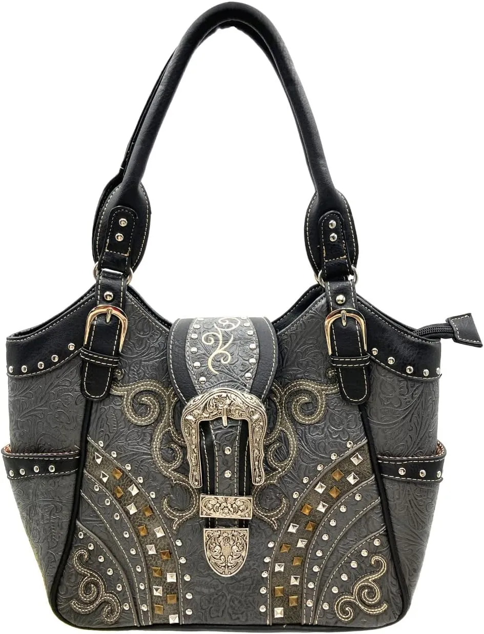 Justin West Tooled Floral Embroidery Buckle Studded Concealed Carry Tote Purse