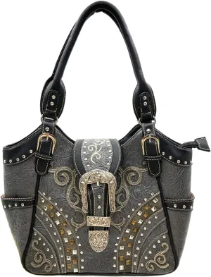 Justin West Tooled Floral Embroidery Buckle Studded Concealed Carry Tote Purse