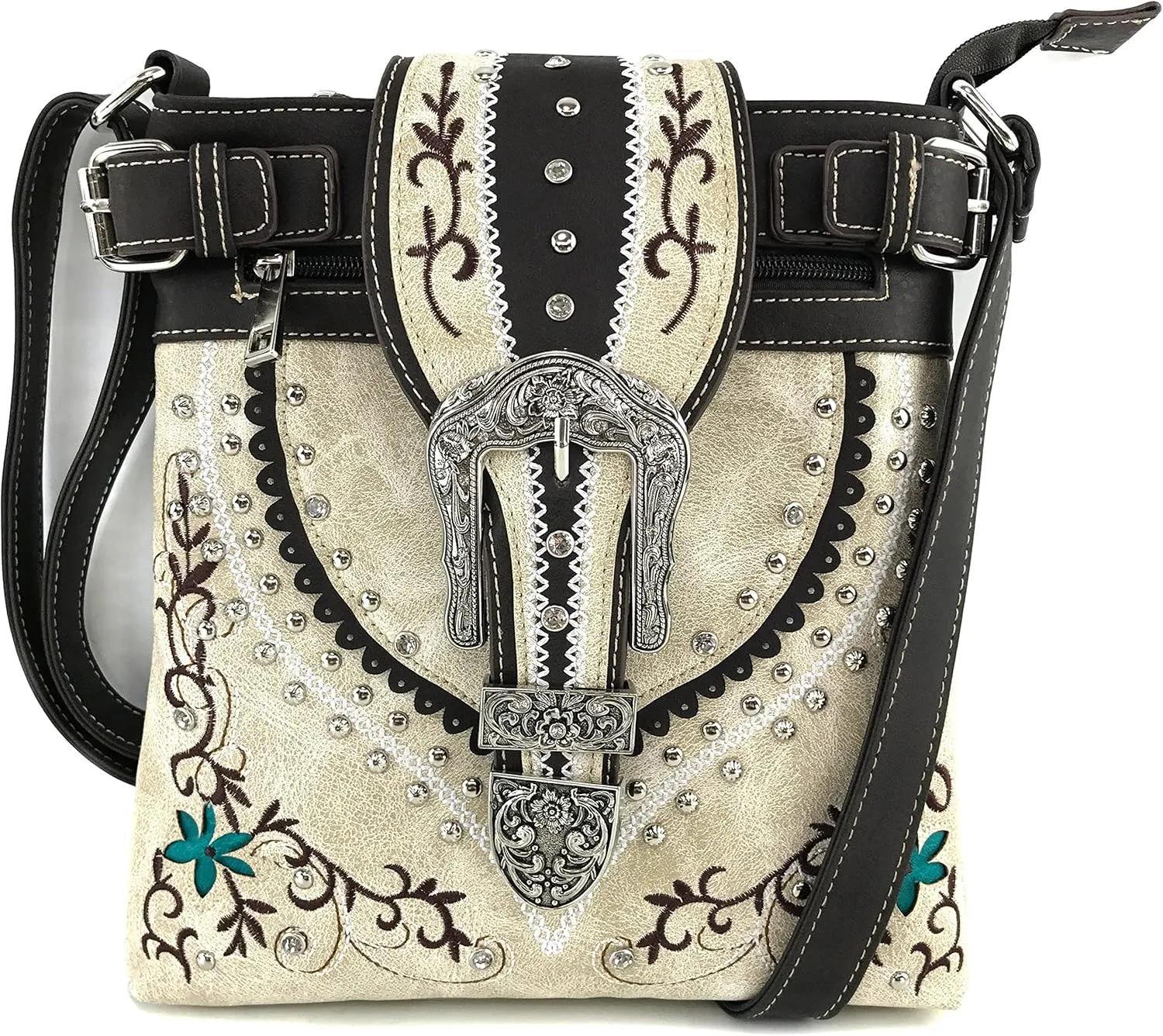 Justin West Western Concealed Carry Tooled Leather Laser Cut Buckle Embroidery Messenger Cross Body Handbag Purse