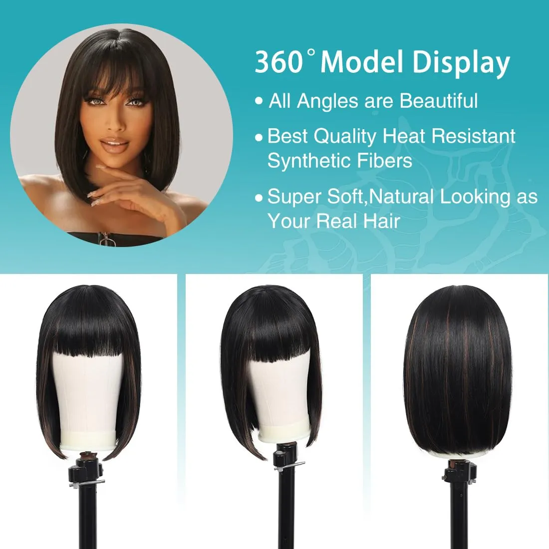 Kalyss Bob Wigs for Women Short Straight Bob Wig with Hair Bangs Natural Looking Heat Resistant Synthetic Hair Wigs for Women 13 Inches (Mix Black Brown)