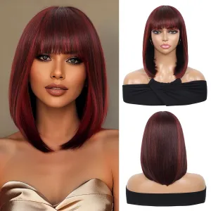 Kalyss Bob Wigs for Women Short Straight Bob Wig with Hair Bangs Natural Looking Heat Resistant Synthetic Hair Wigs for Women 13 Inches (Mix Black Cherry)
