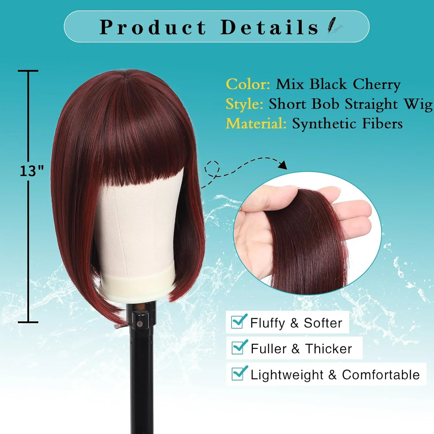 Kalyss Bob Wigs for Women Short Straight Bob Wig with Hair Bangs Natural Looking Heat Resistant Synthetic Hair Wigs for Women 13 Inches (Mix Black Cherry)